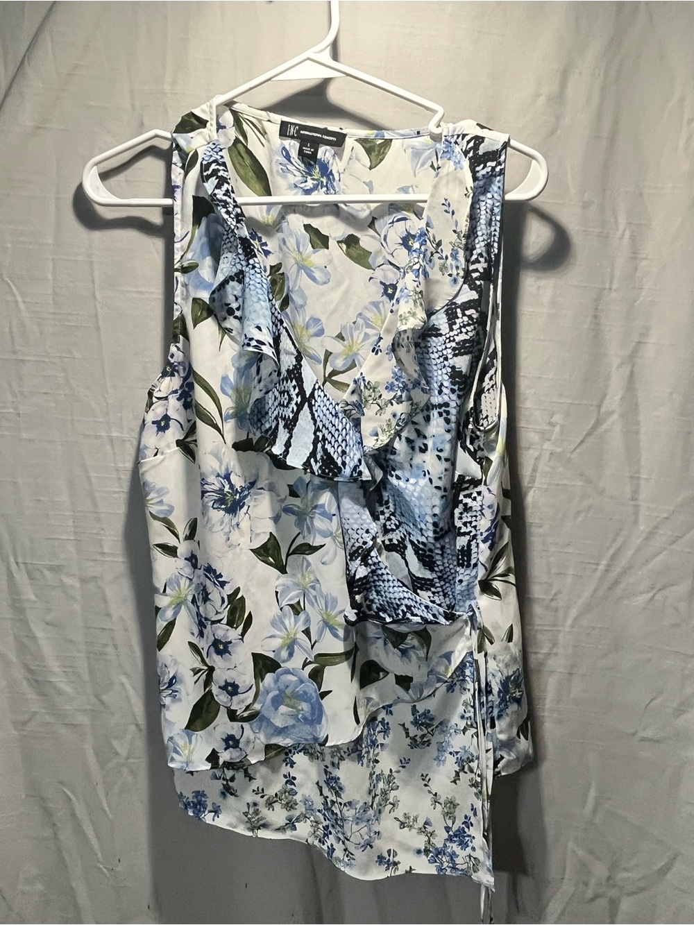 INC International Concepts White and Light Blue Floral Ruffle Wrap Camisole